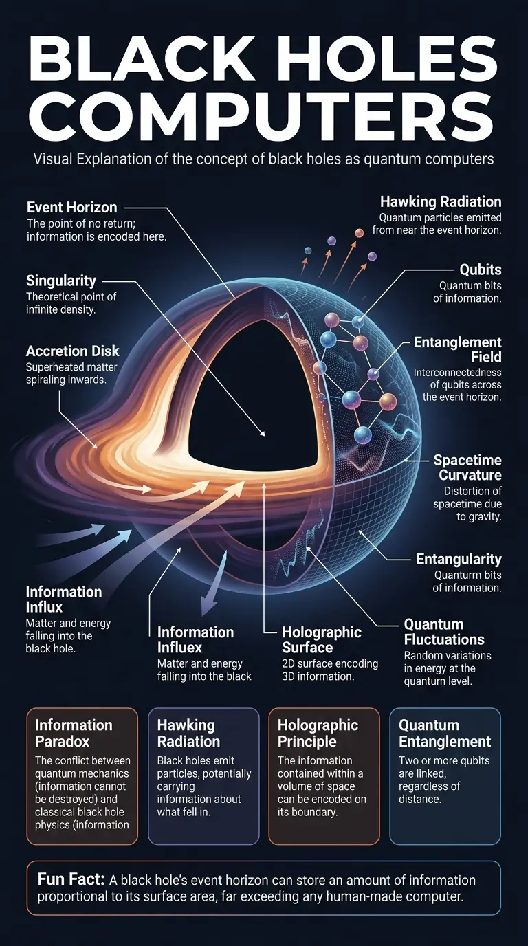 Detailed infographic explaining the theory of black holes as nature's ultimate quantum computers, highlighting information processing and the holographic principle.
