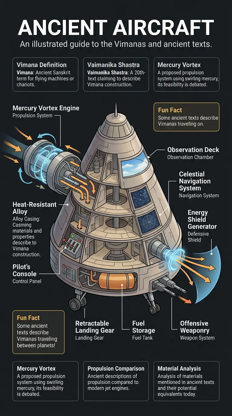 Detailed infographic explaining the Vimanas, ancient flying machines described in Sanskrit texts, with labeled components and historical context.