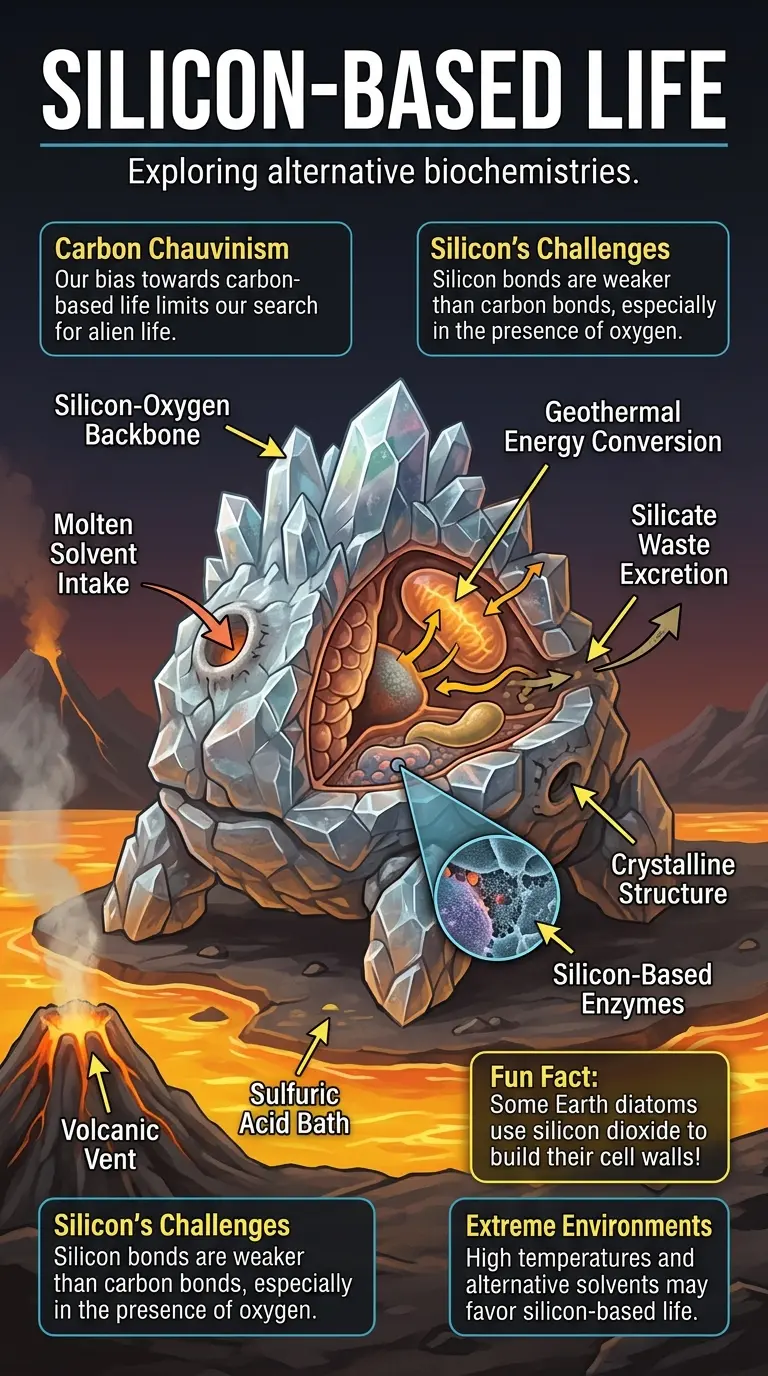 Infographic explaining the possibility of silicon-based life and alternative biochemistries in extreme alien environments. #siliconlife #astrobiology #alienlife