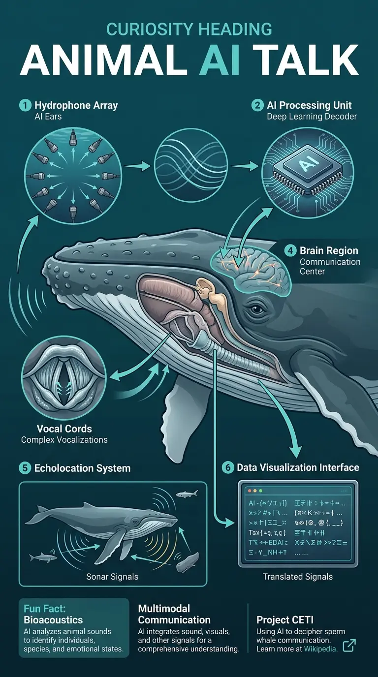 Infographic explaining how AI is being used to decode animal language, showing the technology and potential benefits.