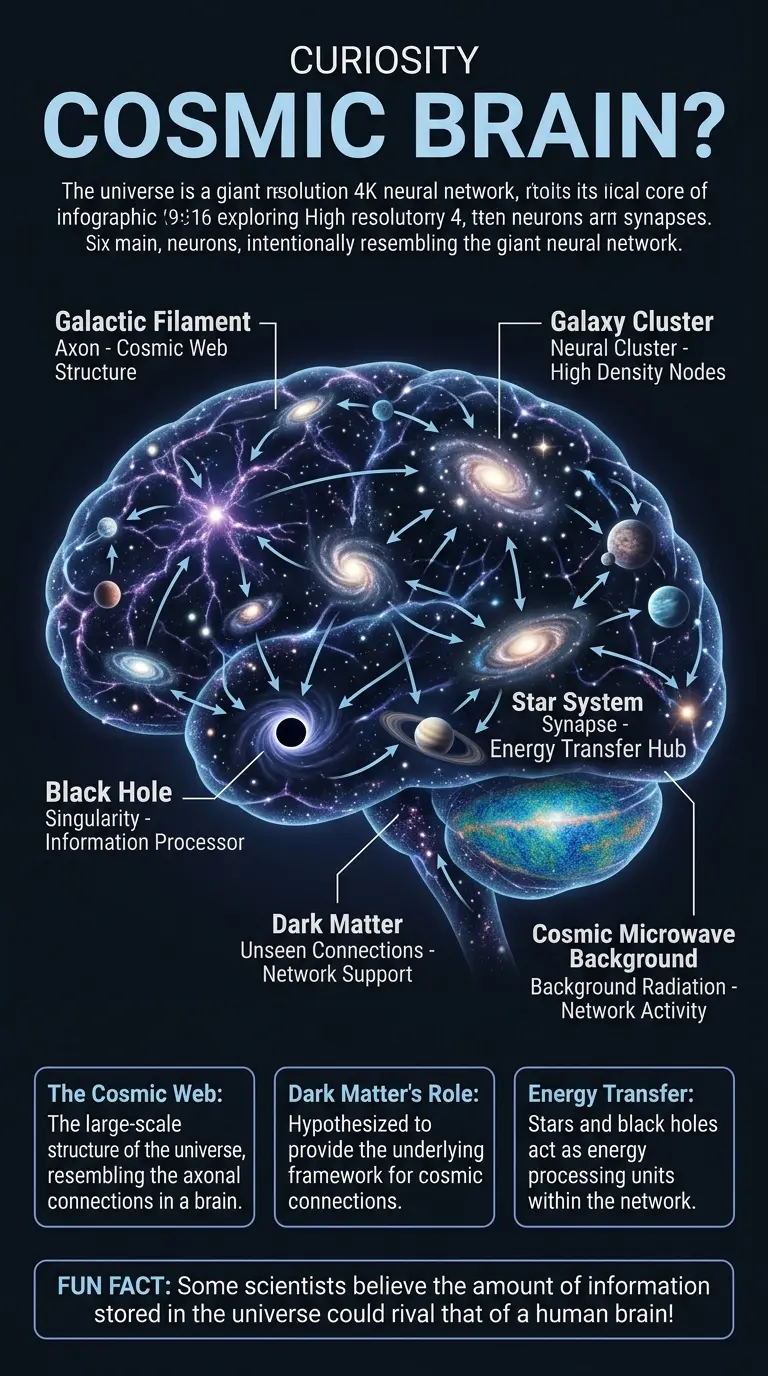 Infographic illustrating the theory that the universe functions like a giant neural network, showing connections between galaxies, stars, and planets resembling neurons and synapses.