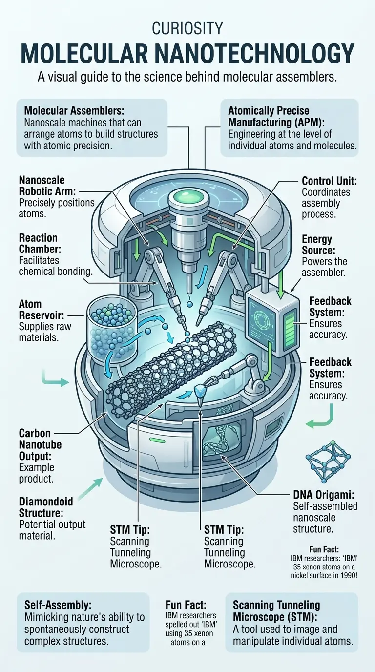 Infographic explaining the concept of molecular assemblers and atomically precise manufacturing, highlighting current progress and future possibilities.