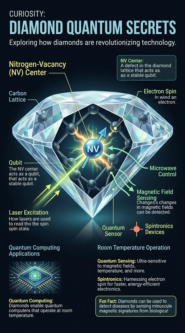 Infographic explaining how diamonds hold quantum secrets and their potential applications in quantum computing, sensing, and spintronics. #quantum #diamonds #technology