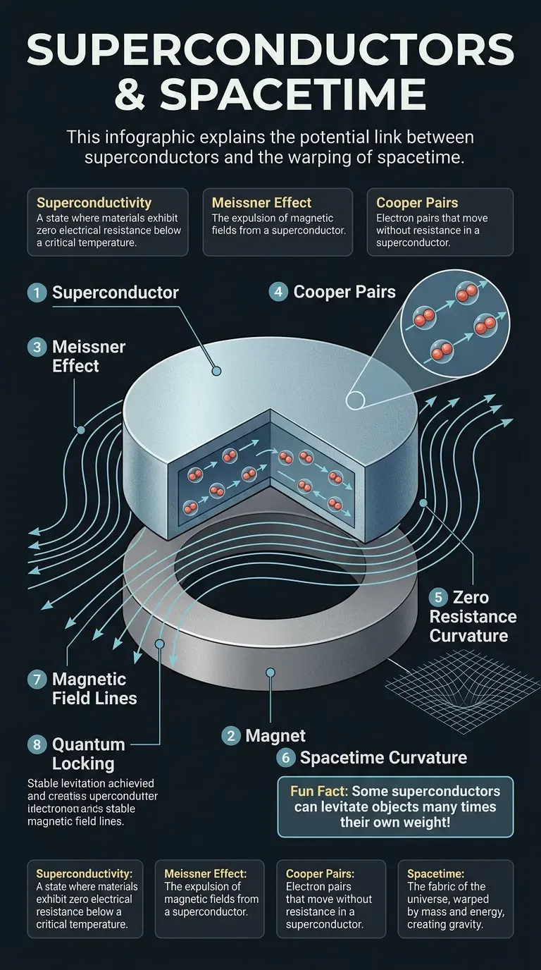 Infographic explaining the potential link between superconductors and spacetime, highlighting the Meissner effect and gravitomagnetism.