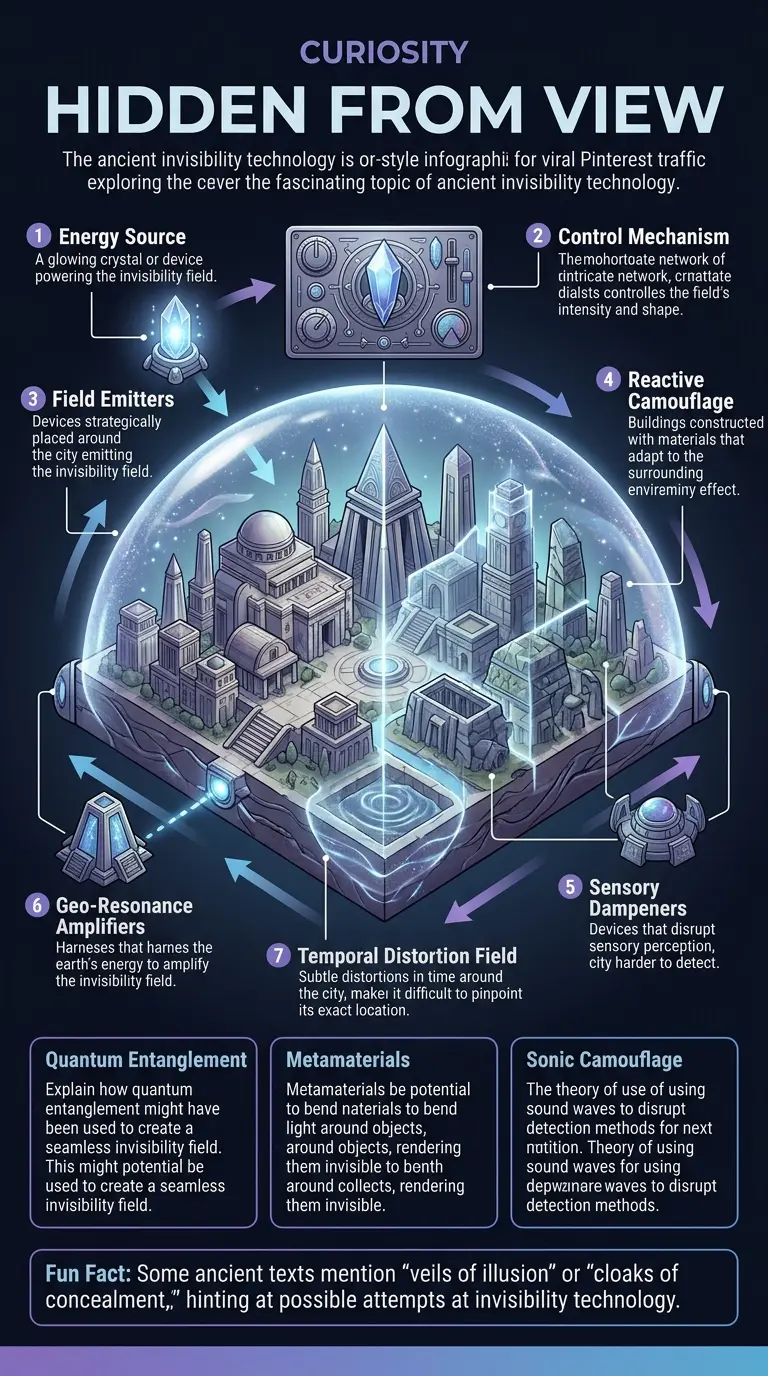 Infographic explaining theories of ancient invisibility technology, featuring cutaway illustration of a hidden city with labeled components and directional arrows.