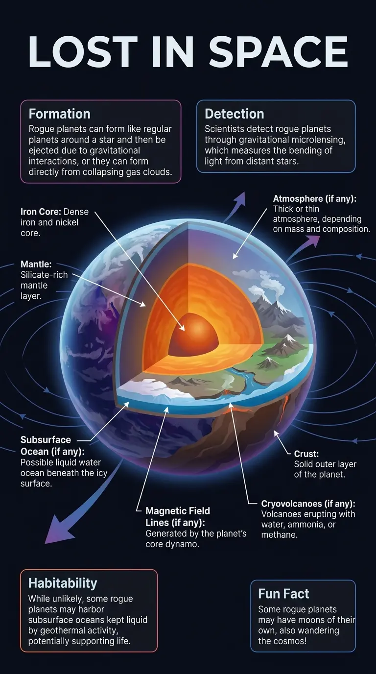 Infographic explaining the science behind rogue planets, their formation, and characteristics, for educational purposes.