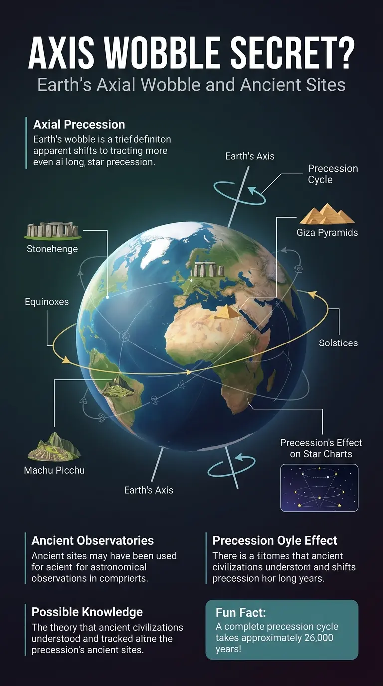 Infographic explaining how ancient sites may have been used to predict Earth's axial precession, also known as the Earth's axis wobble.