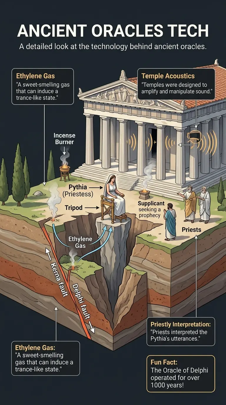 Infographic explaining how ancient oracles, like the Oracle of Delphi, may have used technology and environmental factors to fuel their prophecies. #AncientTech #Oracles #Delphi
