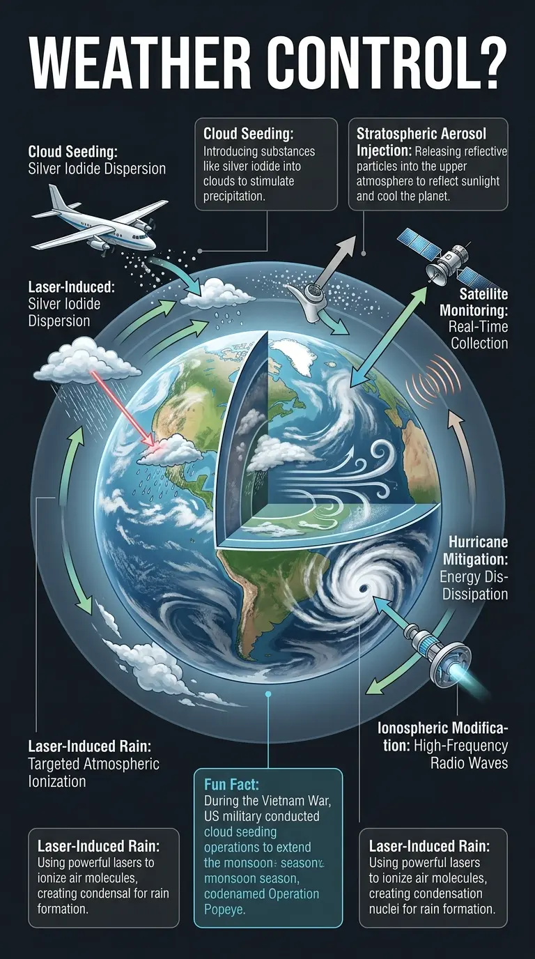 Infographic explaining the science and possibilities behind weather control technology, including cloud seeding, laser-induced rain, and atmospheric particle injection. #WeatherModification #Geoengineering #ClimateChange