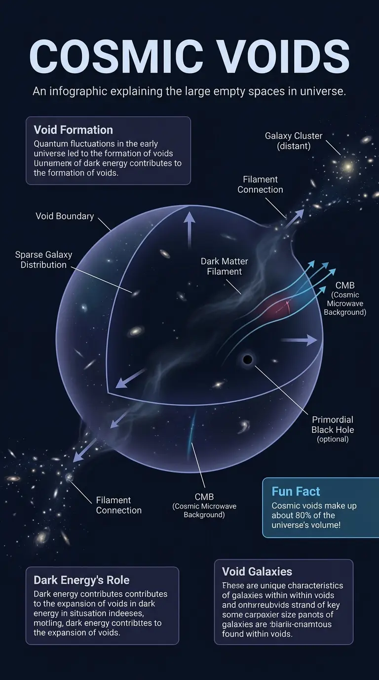 Infographic explaining cosmic voids, their formation, and potential hidden structures, highlighting their role in understanding dark matter and dark energy. #cosmicvoids #astronomy #darkmatter