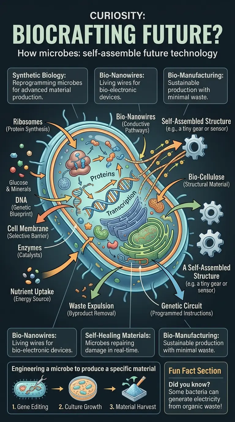 Infographic explaining how microbes can self-assemble future technology, showcasing microbial bio-engineering and living circuits.