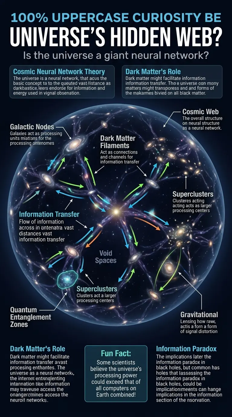 Infographic explaining the theory that the universe is a giant neural network, showing connections between galaxies, dark matter filaments, and nodes of information.