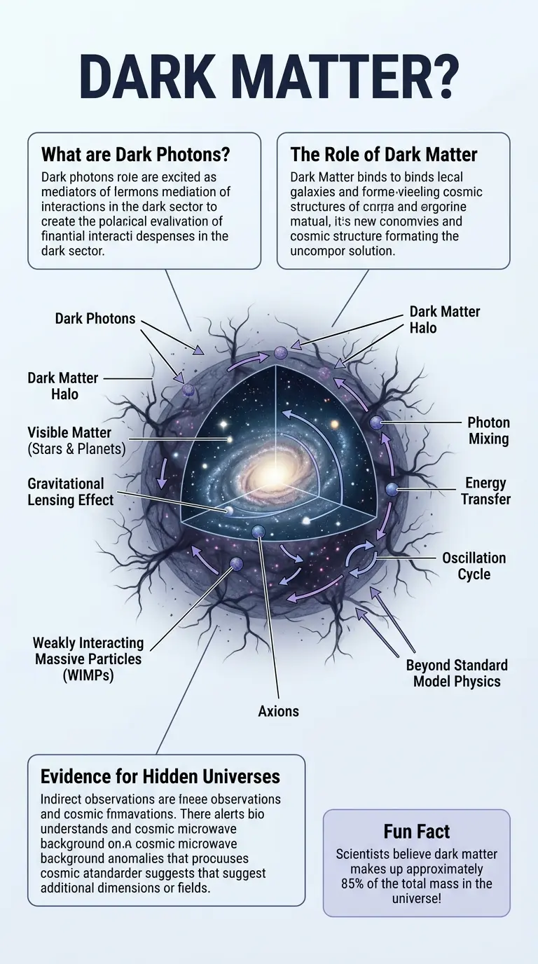 Infographic explaining the concept of dark photons and their potential role in an invisible universe, including diagrams and detailed explanations.