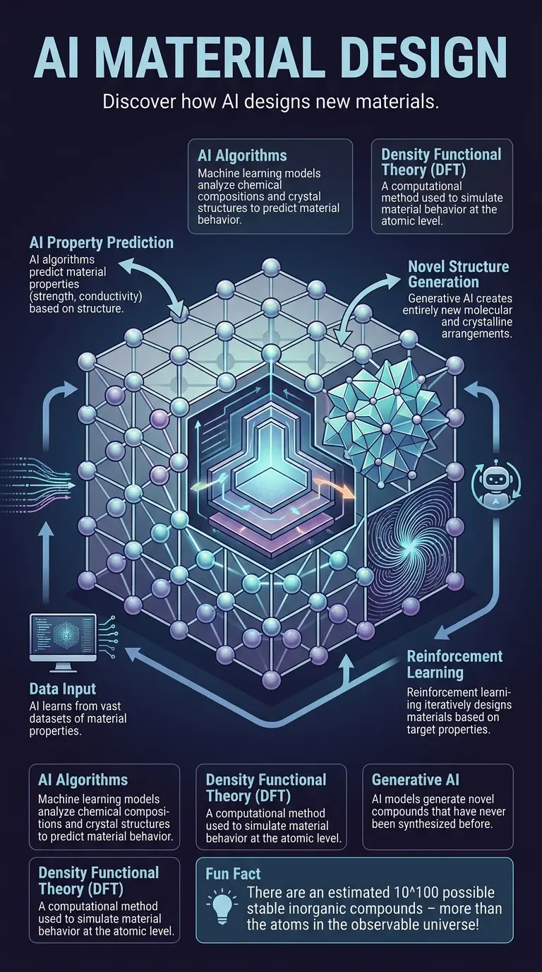 Infographic explaining how artificial intelligence is used in materials science to discover and design new materials with specific properties.