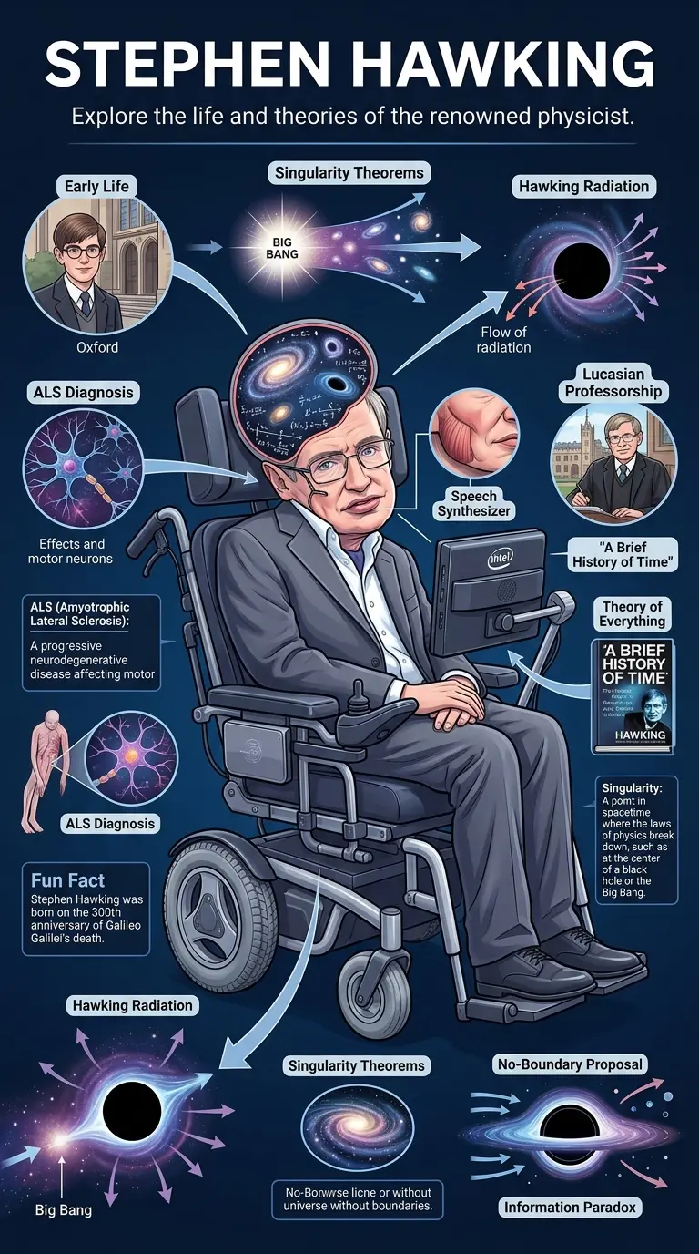 Infographic explaining the life and work of Stephen Hawking, including his contributions to cosmology, black hole theory, and his popular science book "A Brief History of Time."