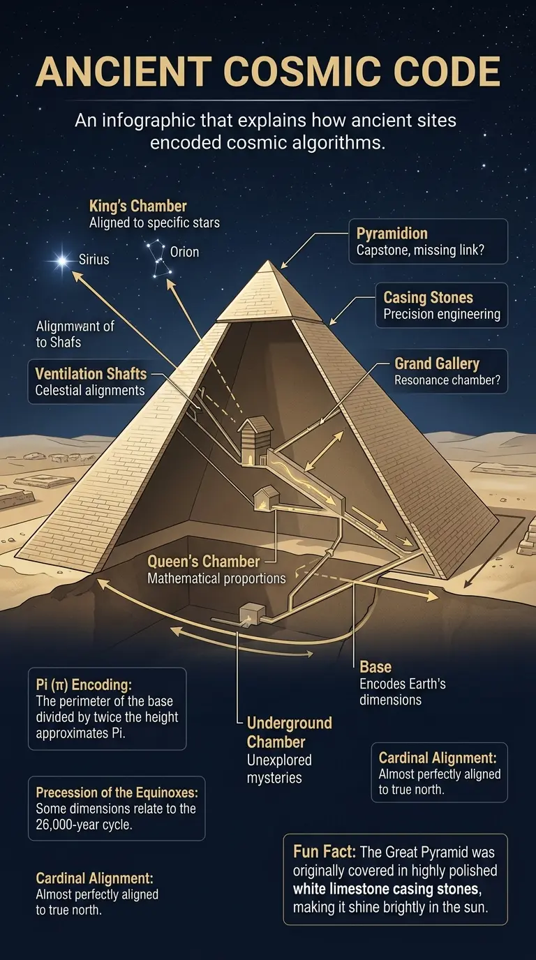 Infographic explaining how ancient sites like Stonehenge and the Great Pyramid of Giza may have encoded cosmic algorithms and astronomical knowledge.
