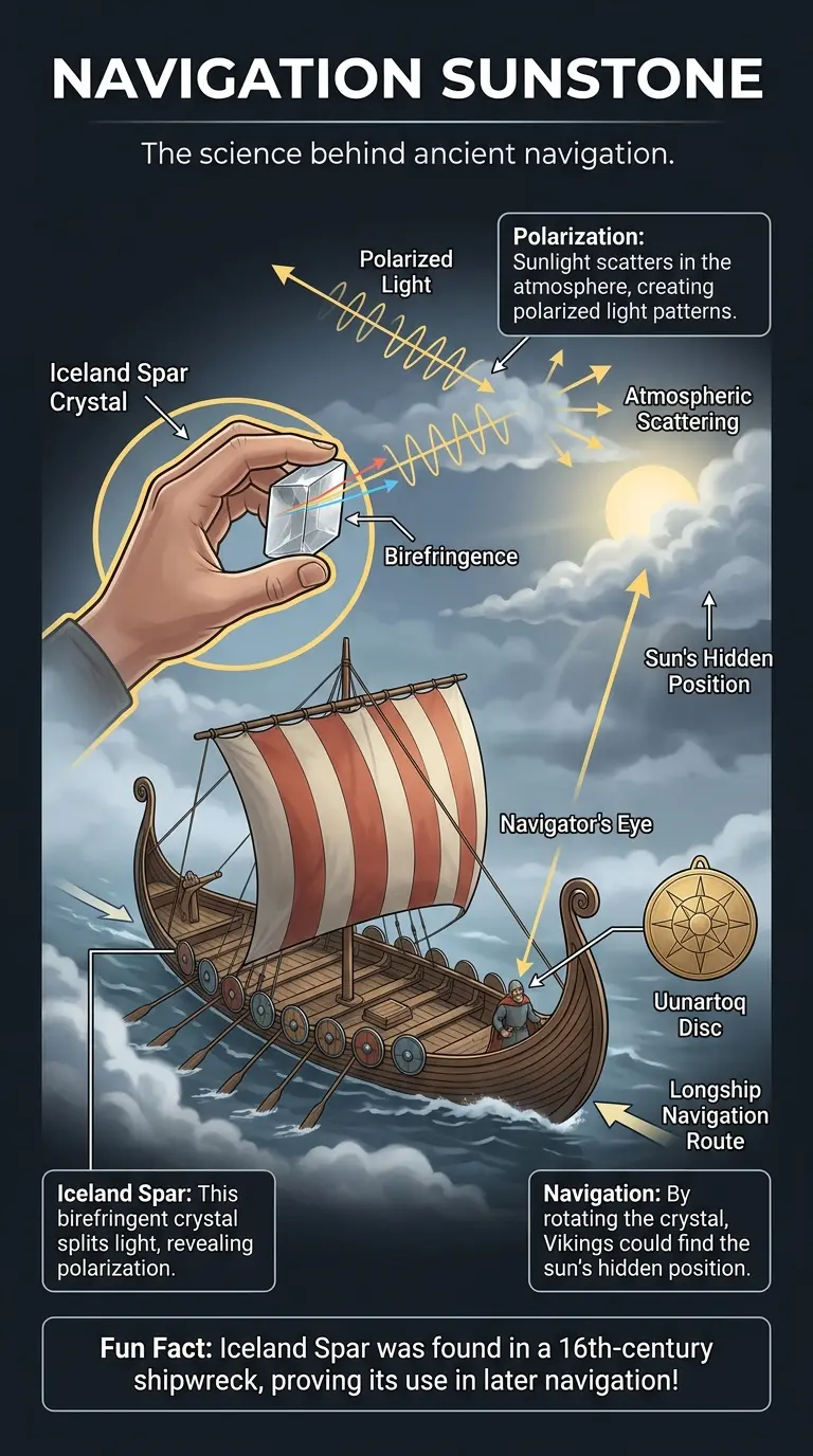 Infographic explaining how Vikings may have used Iceland Spar sunstones to navigate the seas by detecting polarized light, showcasing the science behind their long-distance voyages.