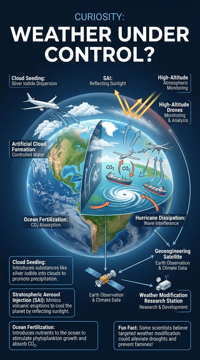 Infographic explaining the technology behind controlling weather and engineering Earth's atmosphere.