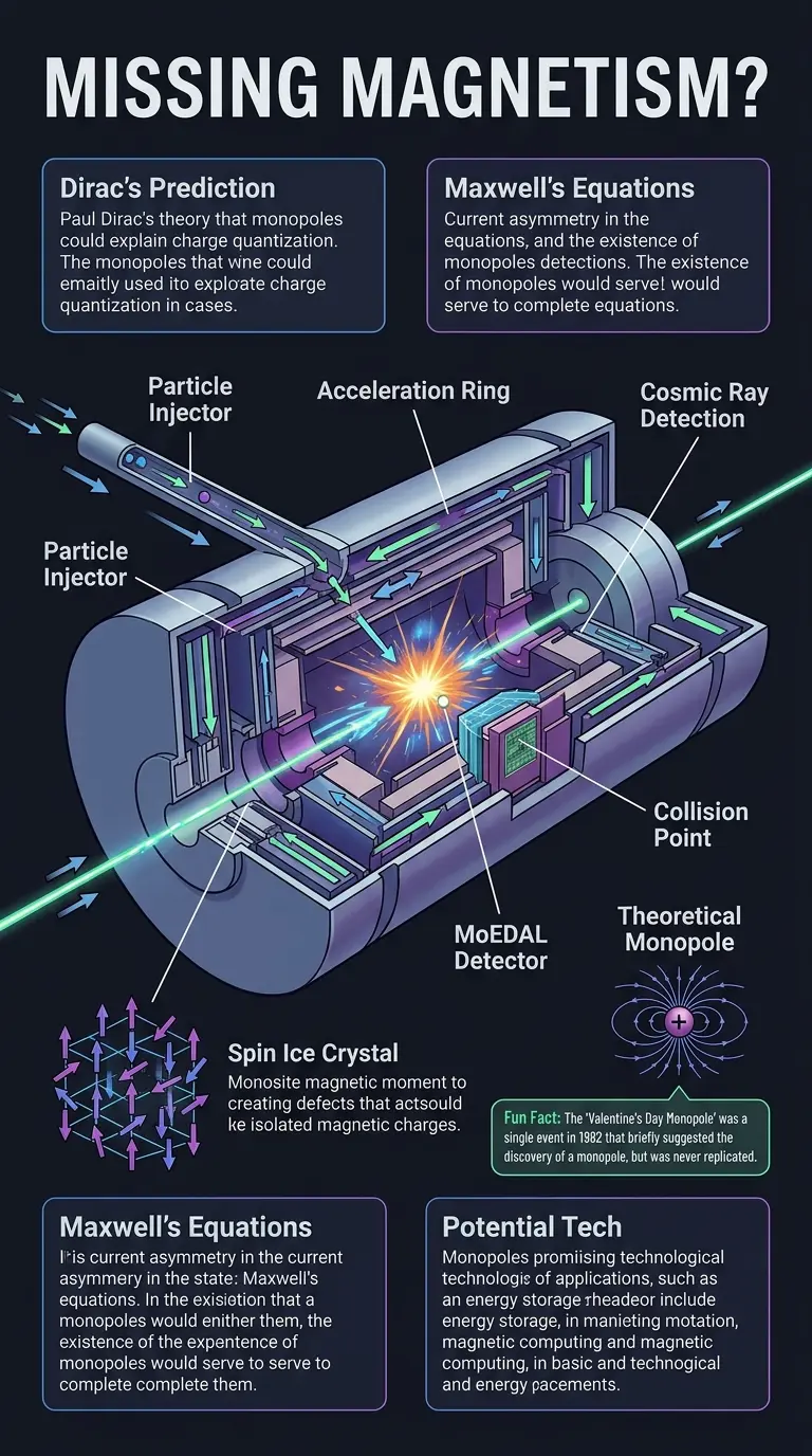 Educational infographic explaining the search for magnetic monopoles, their theoretical implications, and potential technological applications.