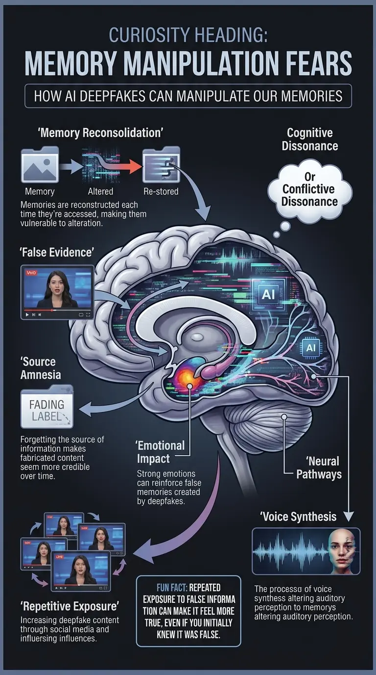 Infographic explaining how AI deepfakes can potentially manipulate human memories, highlighting the vulnerabilities of memory reconsolidation and the impact of false evidence.