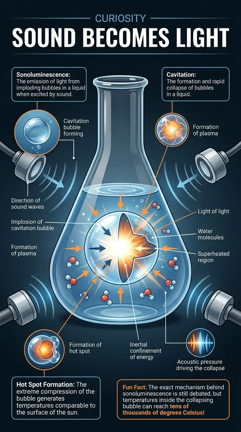 Infographic explaining sonoluminescence, the phenomenon where sound waves can create light.