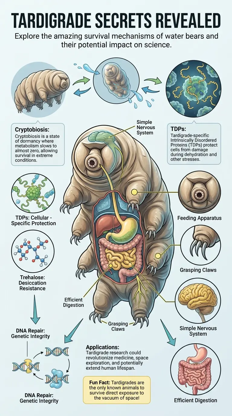 Detailed infographic explaining the unique survival mechanisms of tardigrades and their potential applications for human health and space exploration.