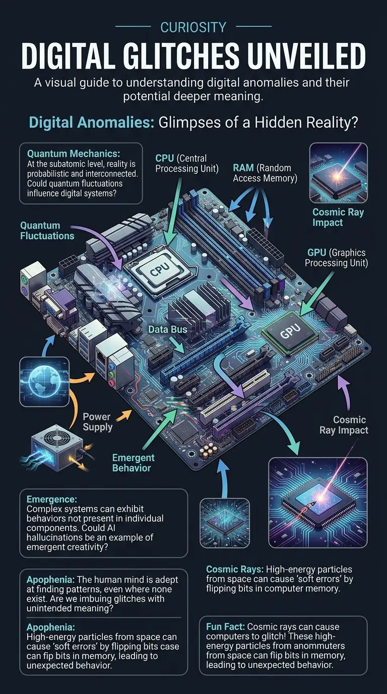 Infographic explaining digital anomalies, glitches, and their potential connection to hidden realities.