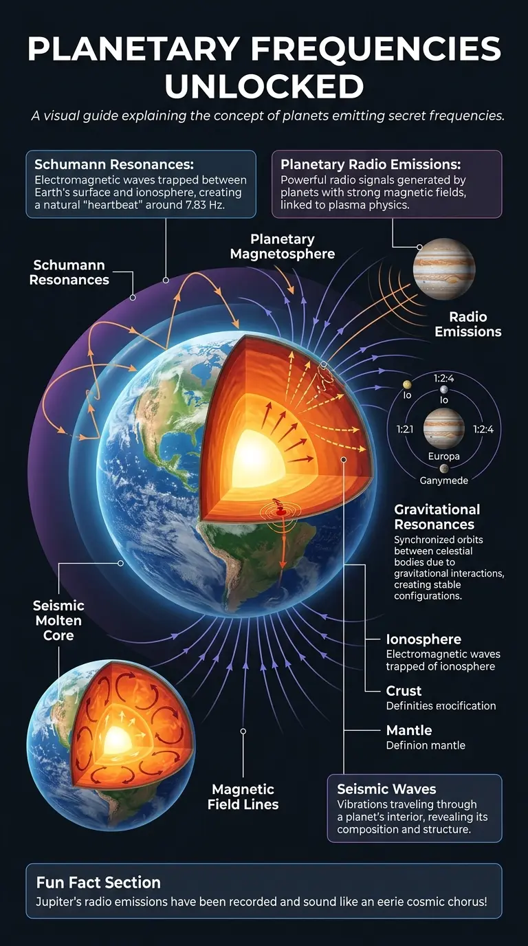Infographic explaining planetary secret frequencies, including Schumann resonances, radio emissions, gravitational resonances, and seismic waves, and their potential for information encoding.