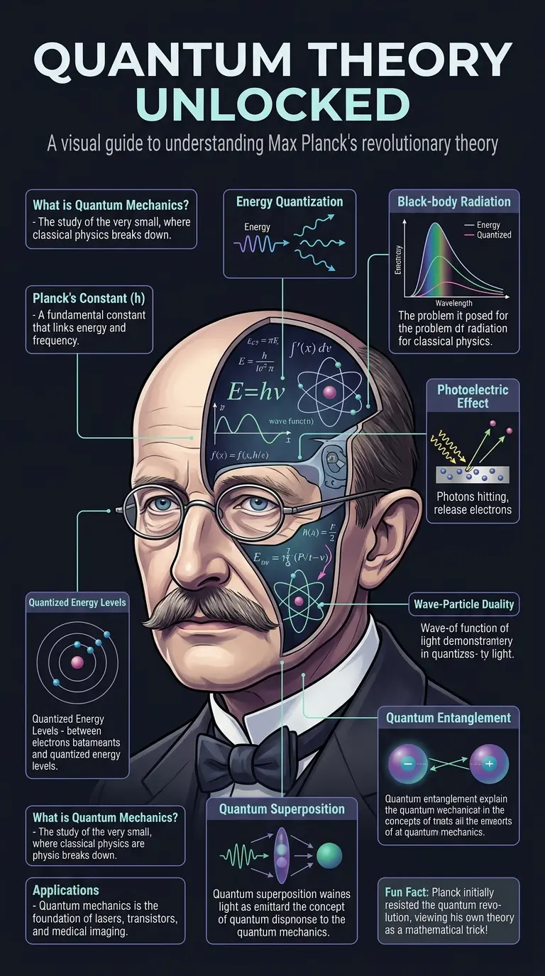 Detailed infographic explaining Max Planck's quantum theory and its impact on modern physics. #quantumphysics #maxplanck #scienceinfographic