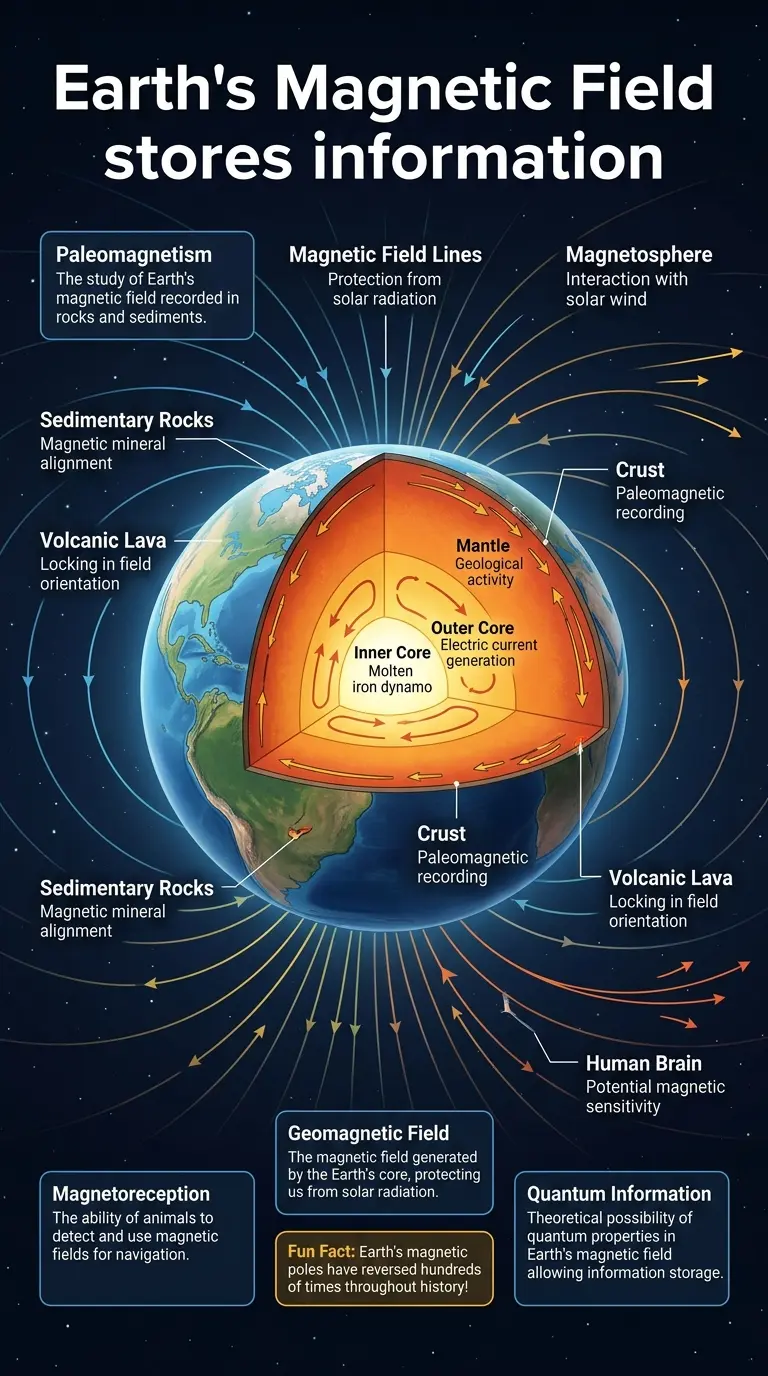 Infographic explaining the theory that Earth's magnetic field may hold echoes of the past, including paleomagnetism, magnetoreception, and potential quantum information storage.