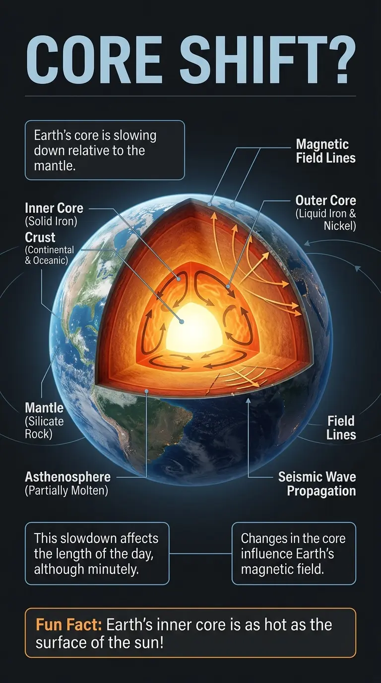 Infographic explaining Earth's core slowdown and its potential effects, featuring a cutaway diagram of Earth's layers and key scientific facts. #EarthCore #ScienceFacts #Geology