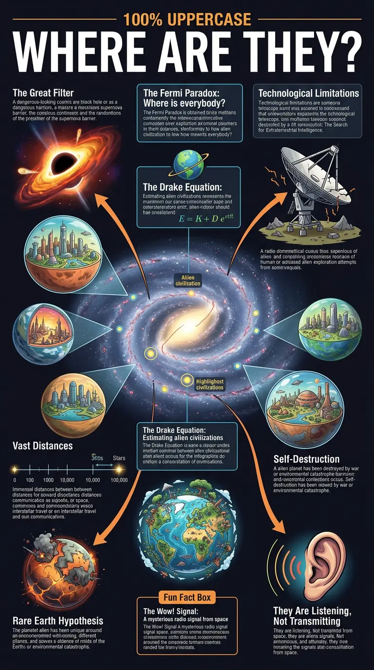 Infographic explaining the Fermi Paradox and potential explanations for why we haven't detected extraterrestrial life, including the Great Filter, technological limitations, and vast distances.