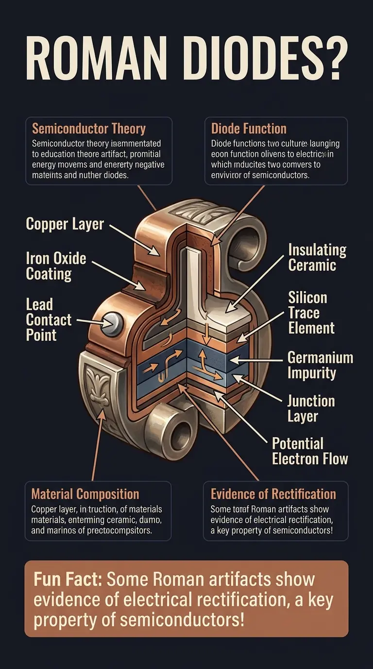 Infographic explaining the theory that ancient Roman artifacts functioned as diodes, with labeled components and diagrams showing potential semiconductor properties.