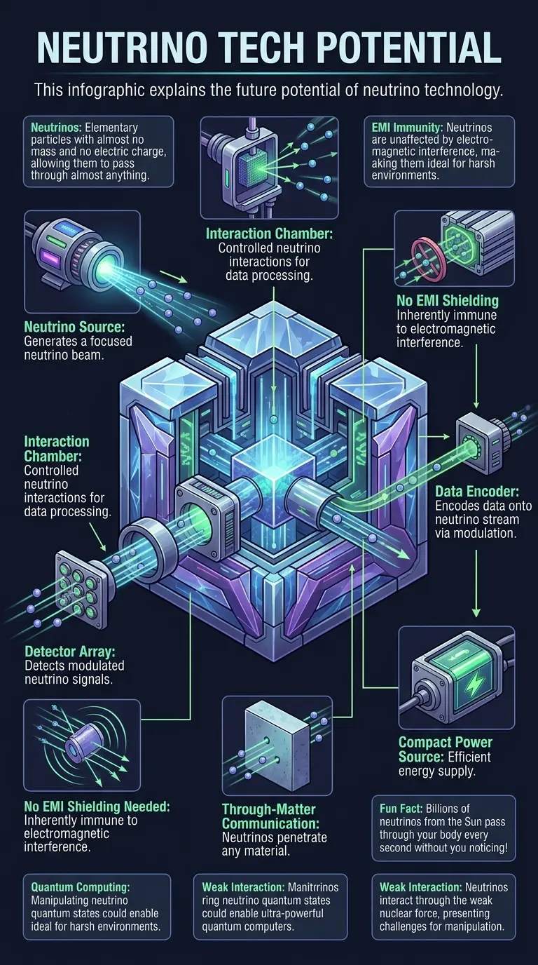 Infographic explaining the potential of neutrino technology for future computing and communication. #neutrinos #futuretech #science #infographic