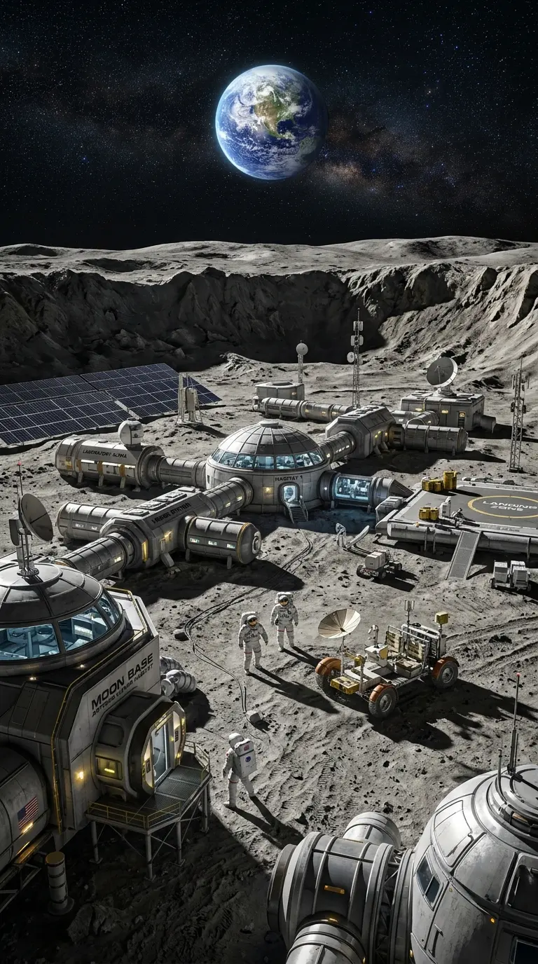 Infographic showing the internal structure and key components of an AI-designed city on the moon, highlighting sustainable living technologies and resource utilization.