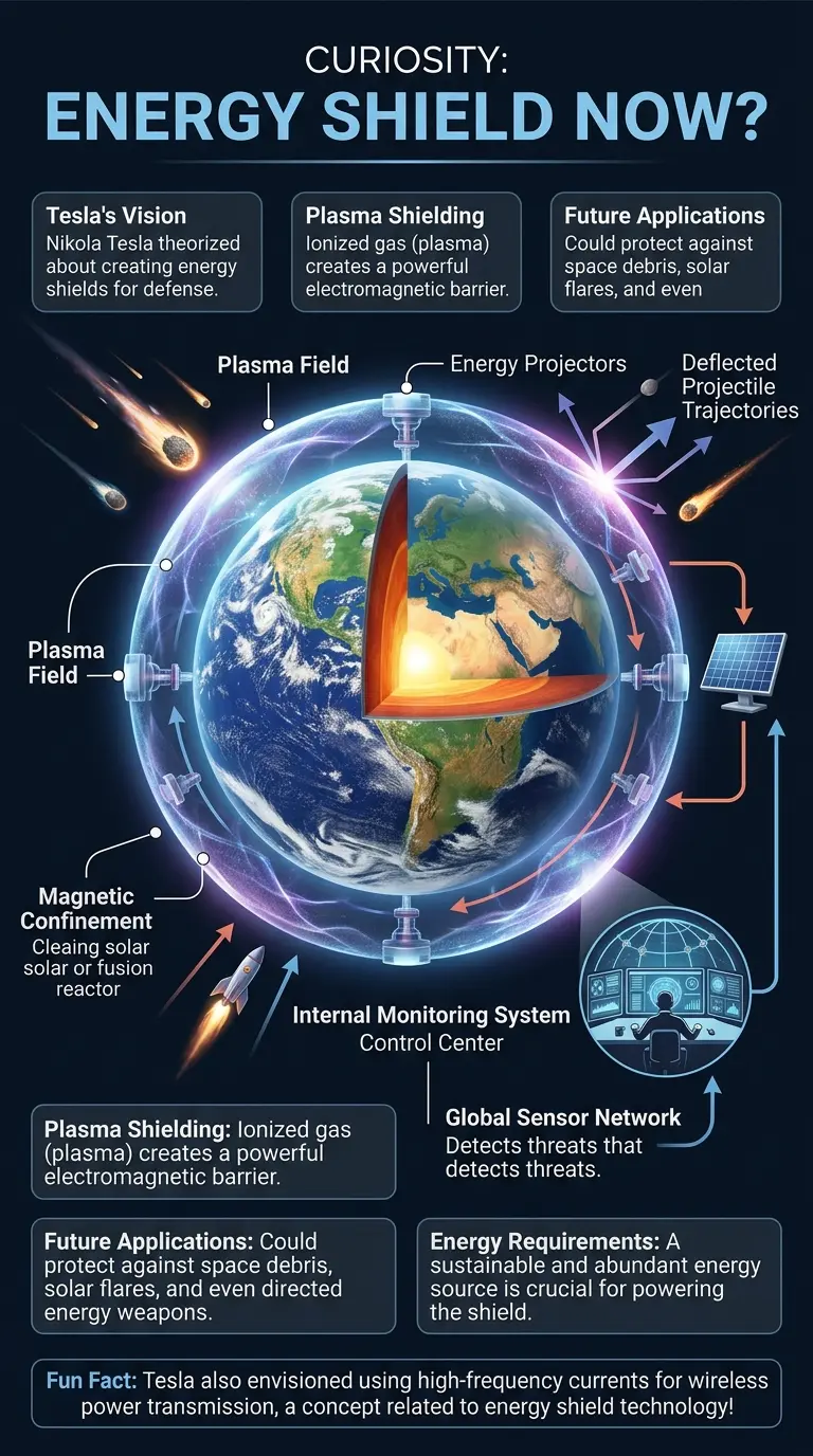 Infographic explaining Tesla's proposed invisible energy shield technology, including components, function, and potential applications for defense and energy.