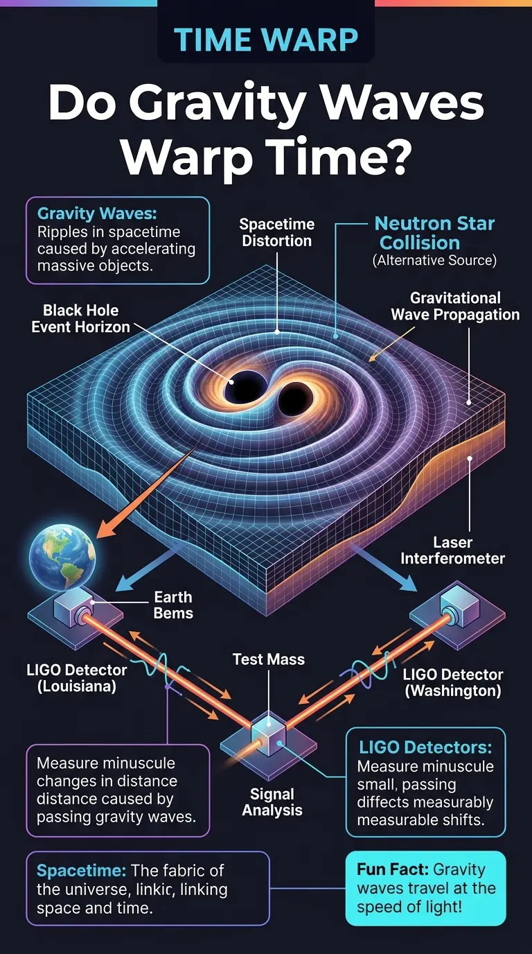 Infographic explaining how gravity waves warp spacetime, showing the source of the waves, their propagation, and their detection on Earth.