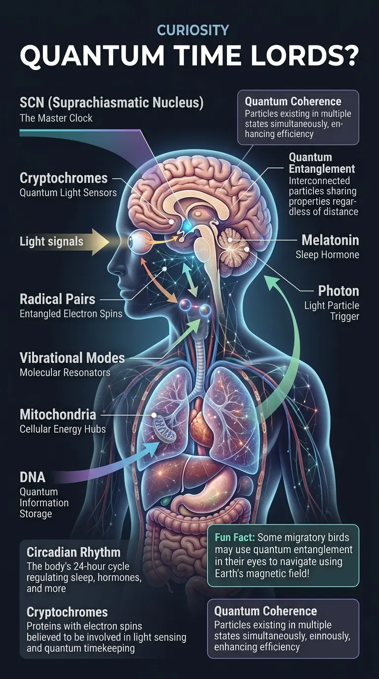Infographic explaining the concept of quantum clocks in biological systems, highlighting their potential role in circadian rhythms, photosynthesis, and bird navigation.