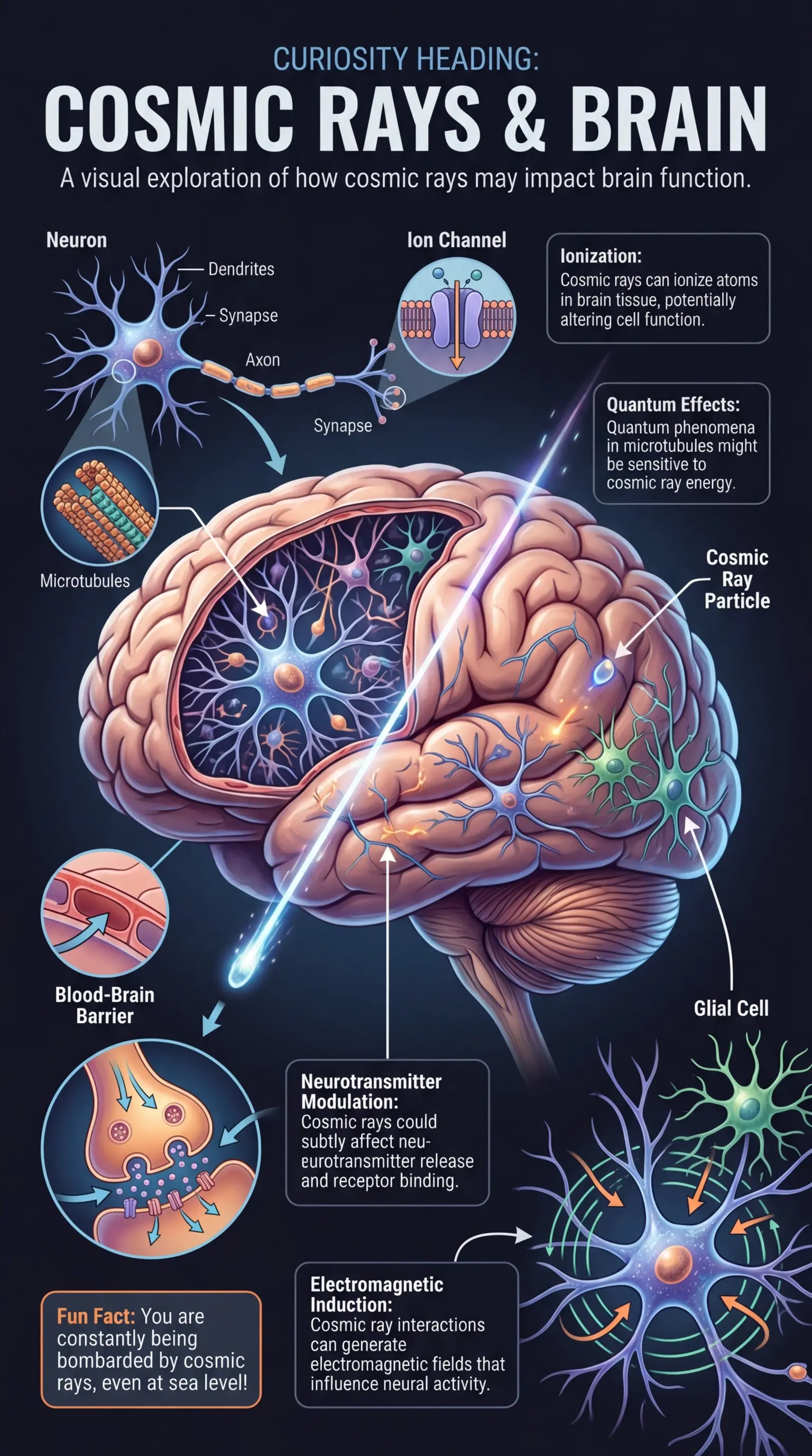 Infographic explaining how cosmic rays might influence brain activity, covering ionization, quantum effects, neurotransmitter modulation, and electromagnetic induction.