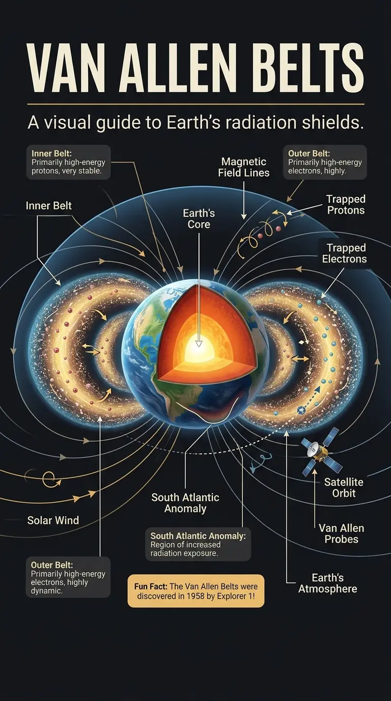 Infographic explaining the Van Allen Belts, Earth's radiation belts, their structure, function, and mysteries. #VanAllenBelts #SpaceWeather #EarthScience