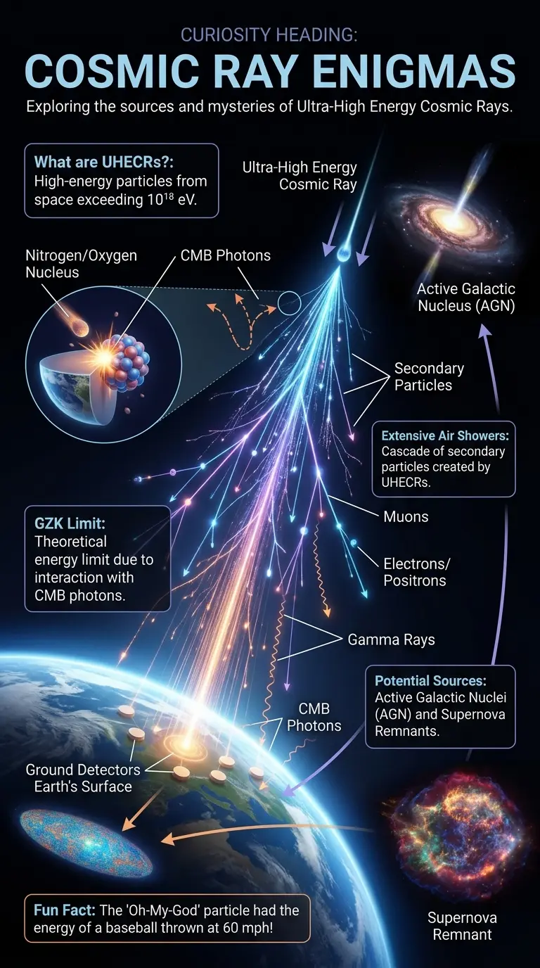 Infographic explaining Ultra-High Energy Cosmic Rays (UHECRs), their origins, the GZK limit, and potential new physics implications.
