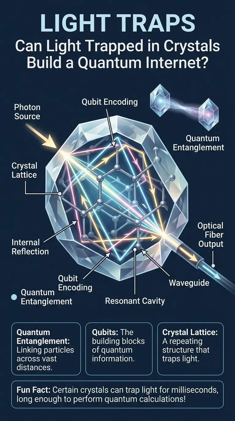 Infographic explaining how light can be trapped in crystals and used to build a quantum internet.