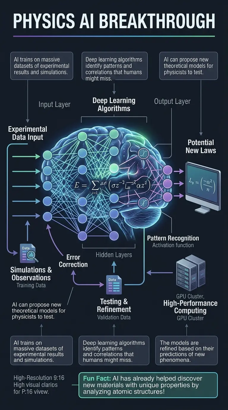 Infographic explaining how Artificial Intelligence is being used to discover new laws of physics, featuring a central image of a neural network overlaid on a complex physics equation, with labeled components and arrows illustrating data flow.
