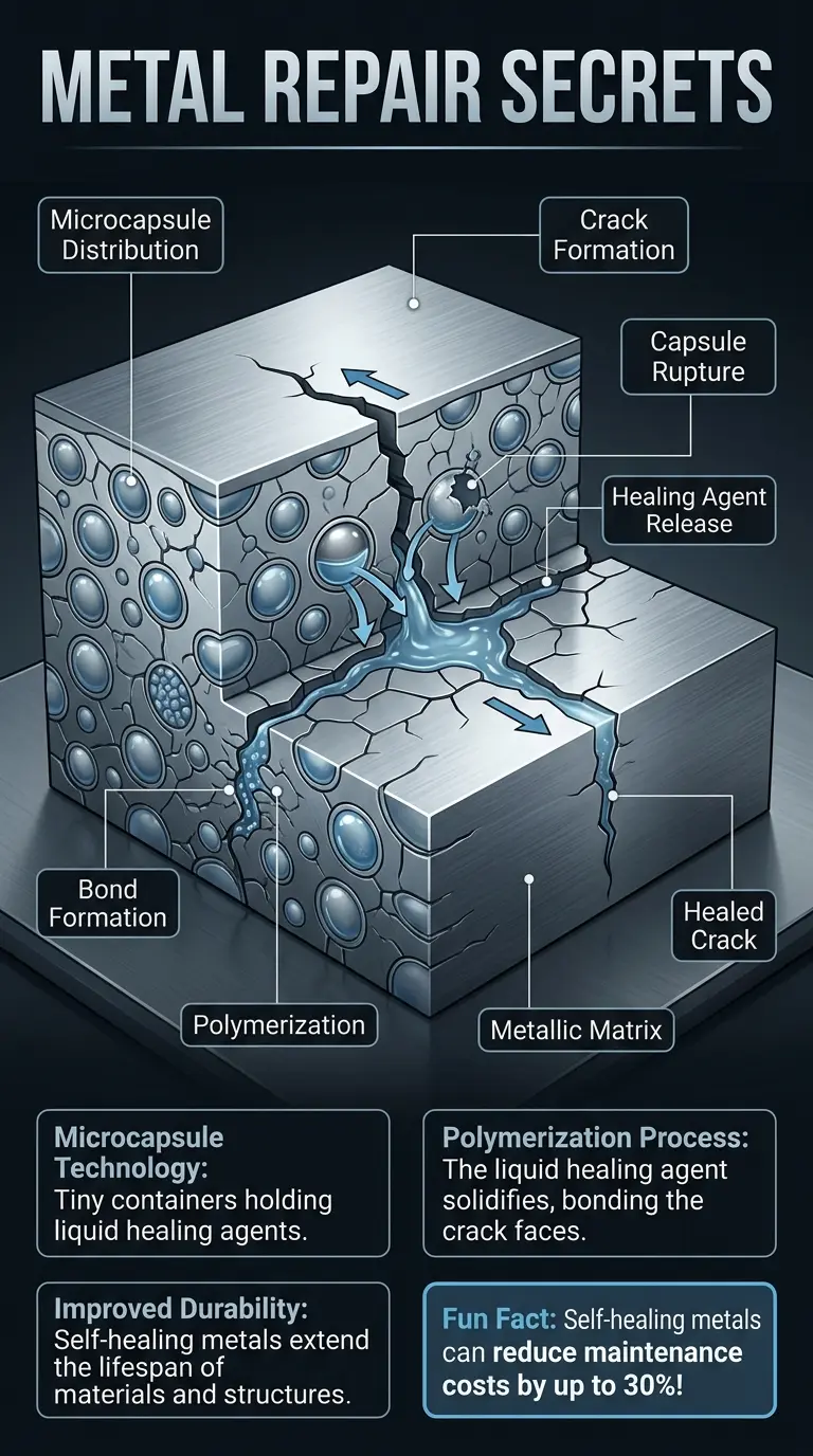 Infographic explaining the science behind self-healing metals, showcasing internal structure, components, and repair mechanisms.