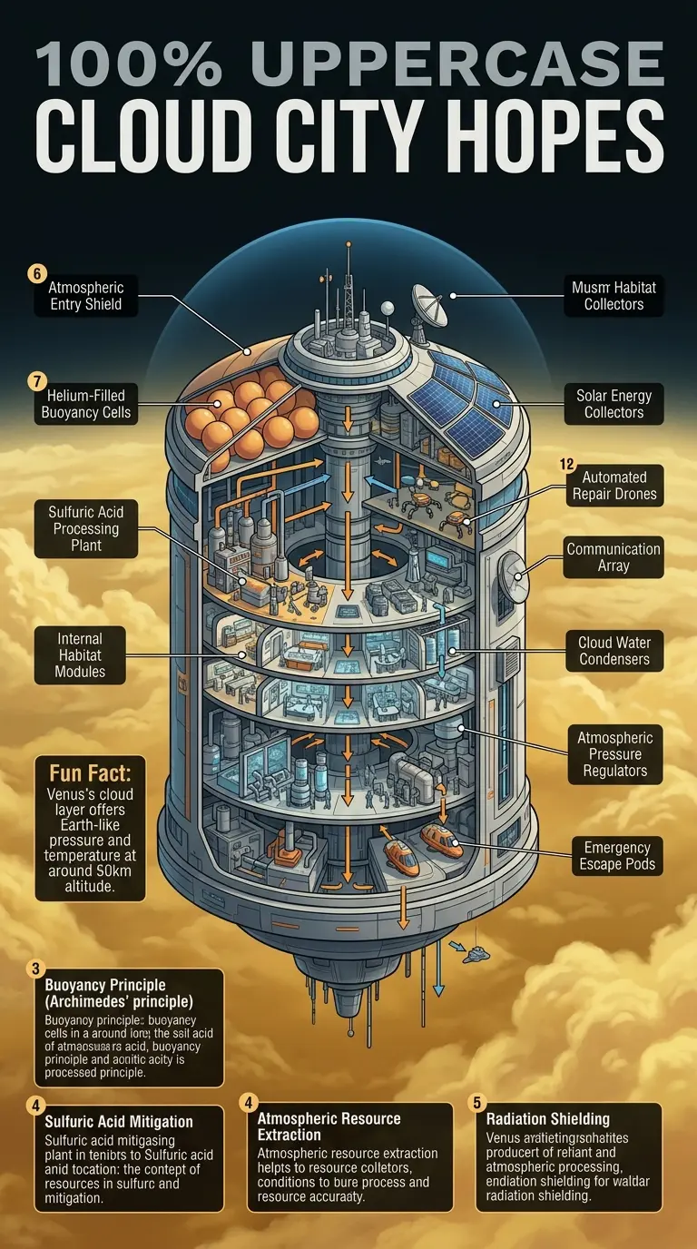 Infographic showing the components and structure of a hypothetical city floating in the clouds of Venus, illustrating the technology and engineering required for human habitation in Venus's atmosphere.