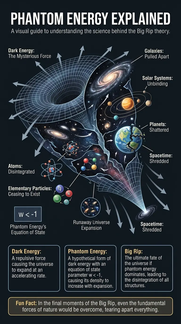 Infographic explaining phantom energy, the Big Rip theory, and the potential fate of the universe.