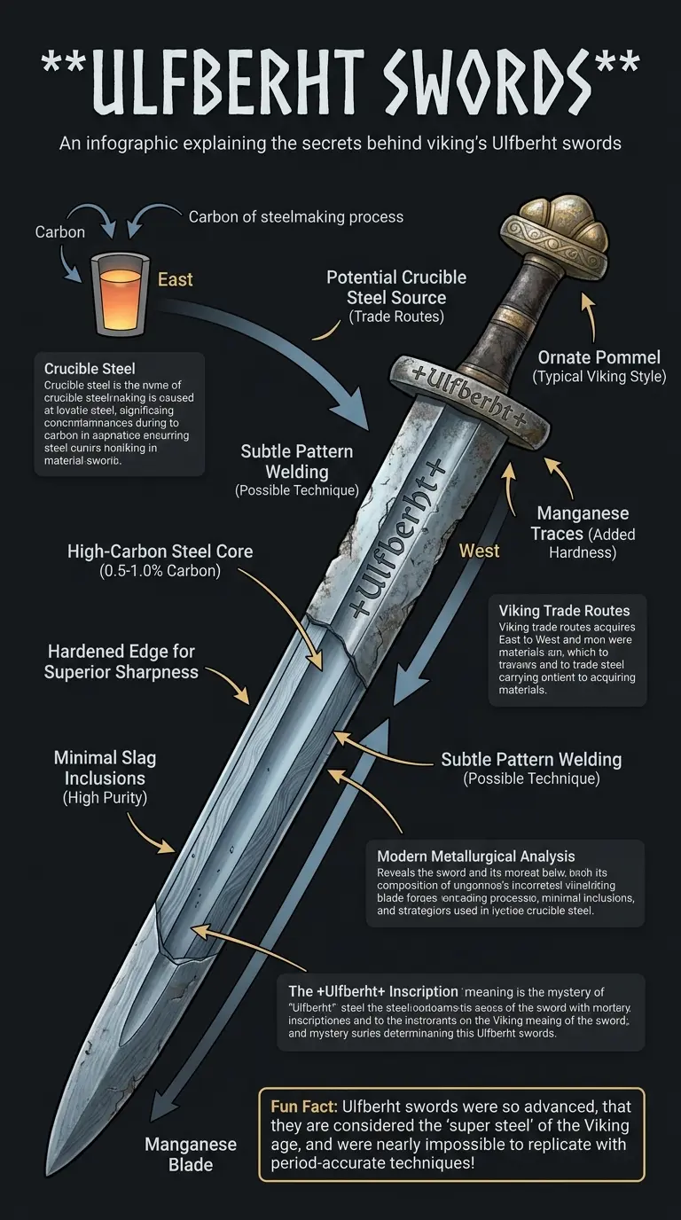 Infographic explaining the metallurgy and mystery of Ulfberht Viking swords, highlighting their advanced steelmaking techniques.