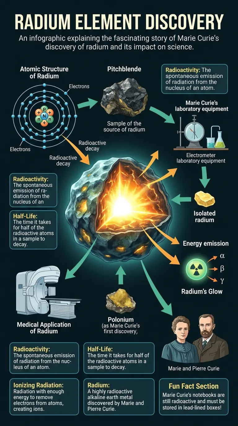 Detailed infographic explaining Marie Curie's discovery of radium and its impact on science and medicine. #MarieCurie #Radium #ScienceHistory
