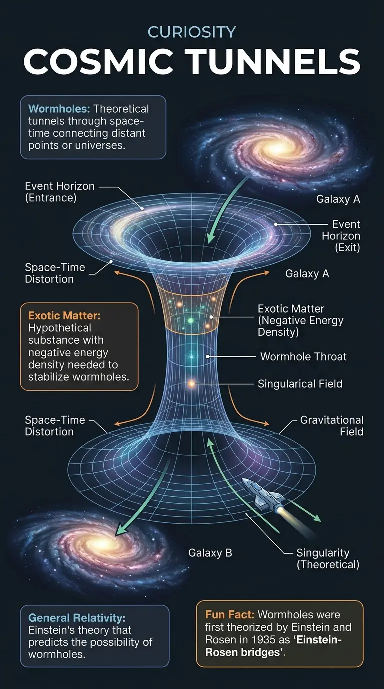 Detailed infographic explaining the science behind wormholes, their potential to link universes, and the challenges of their existence.