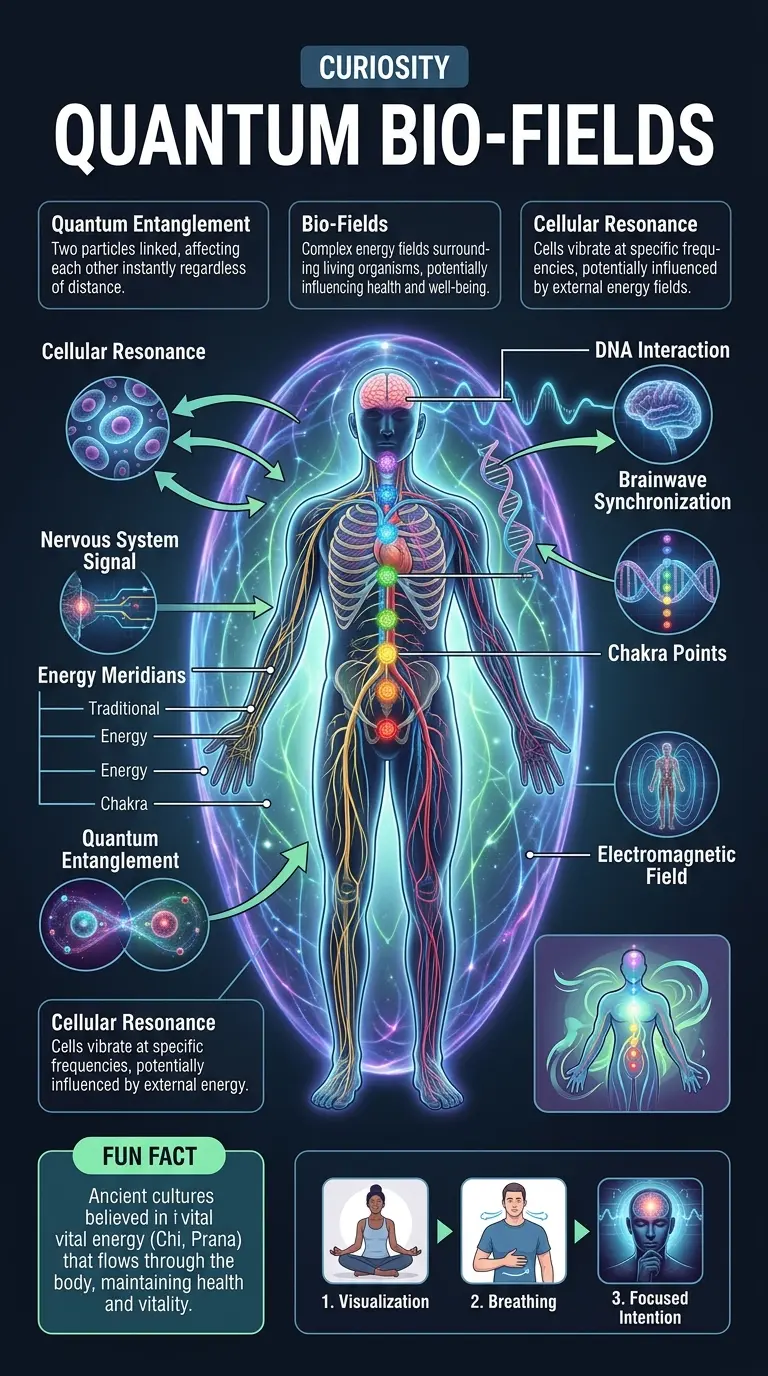 Infographic explaining the potential connection between ancient practices and quantum fields for healing, with labeled components and visual aids.